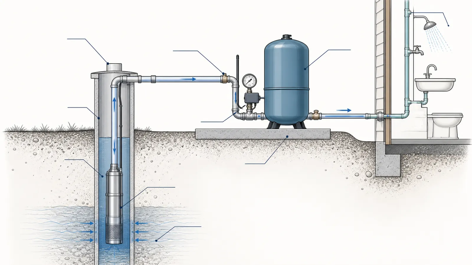 Labeled well pump, pressure tank, pump discharge, tank offset, and household service line