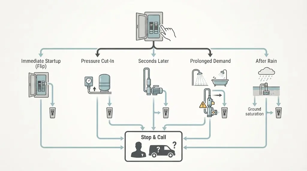 A homeowner-safe map from a well-pump breaker trip to observation, isolation, or qualified evaluation.