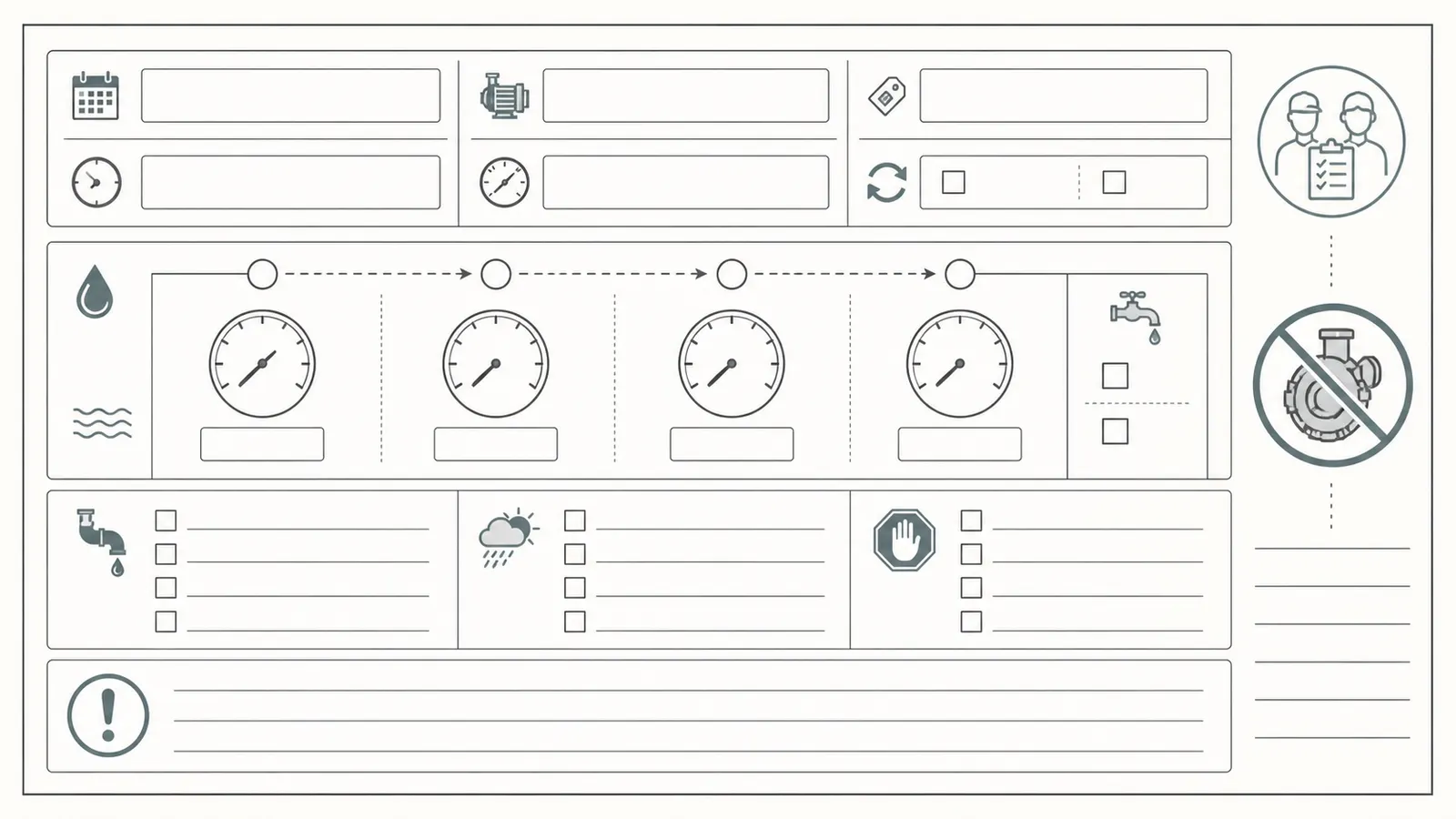 Reusable symptom log for pressure hold, time to reprime, pump type, and visible observations