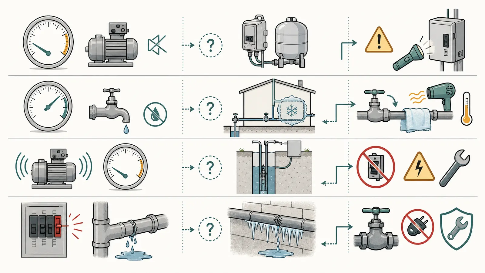 Comparison table of pressure gauge and faucet patterns for frozen sensing line, frozen branch, low-pressure cutout, and pump failure.