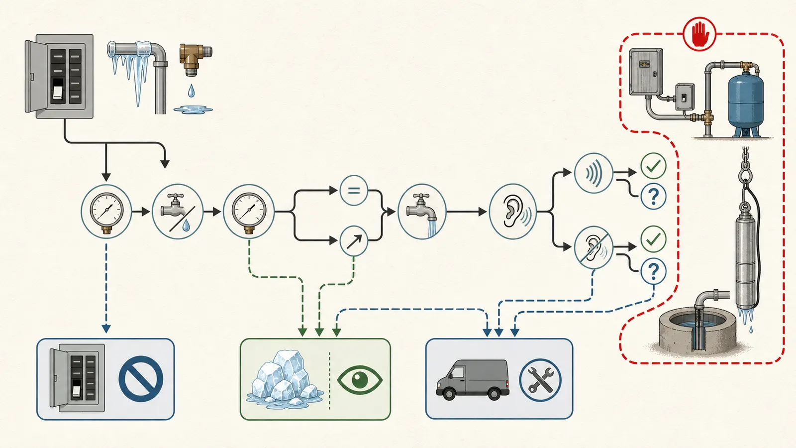 Decision map routing gauge, fixture, sound, and visible-freeze observations to wait, thaw safely, or call service.
