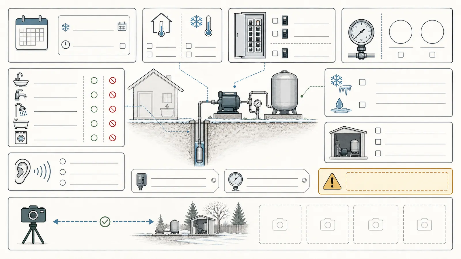 Service handoff record with gauge readings, fixture results, freeze timing, component photos, and breaker behavior.