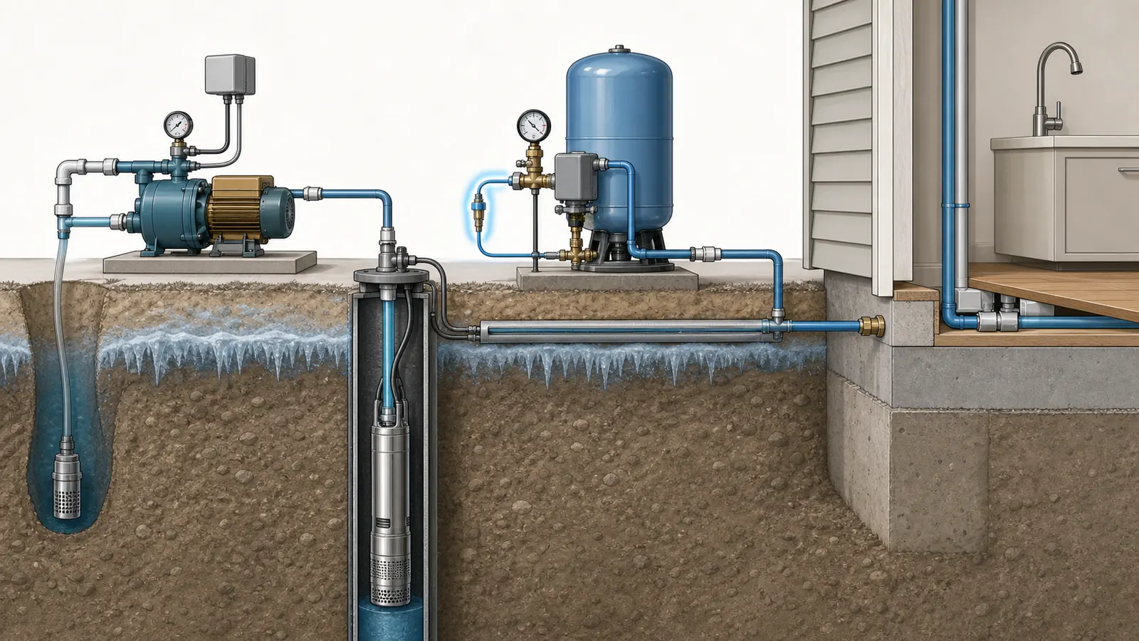 Private well system showing the buried pump, pressure tank, gauge, switch, nipple, and exposed branch freeze points.