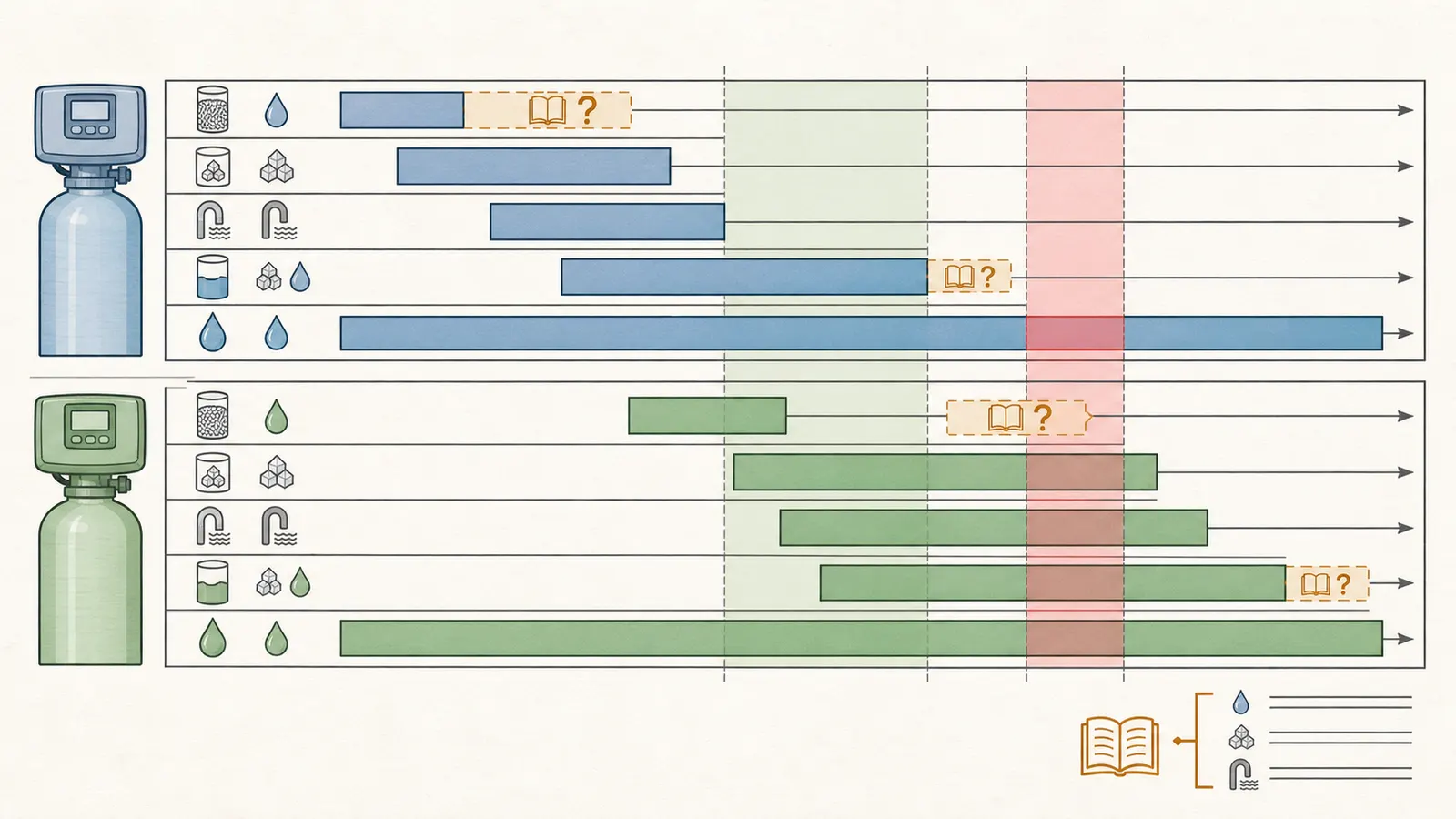 Regeneration timeline showing backwash, brine draw, rinse, refill, and service for two valves.
