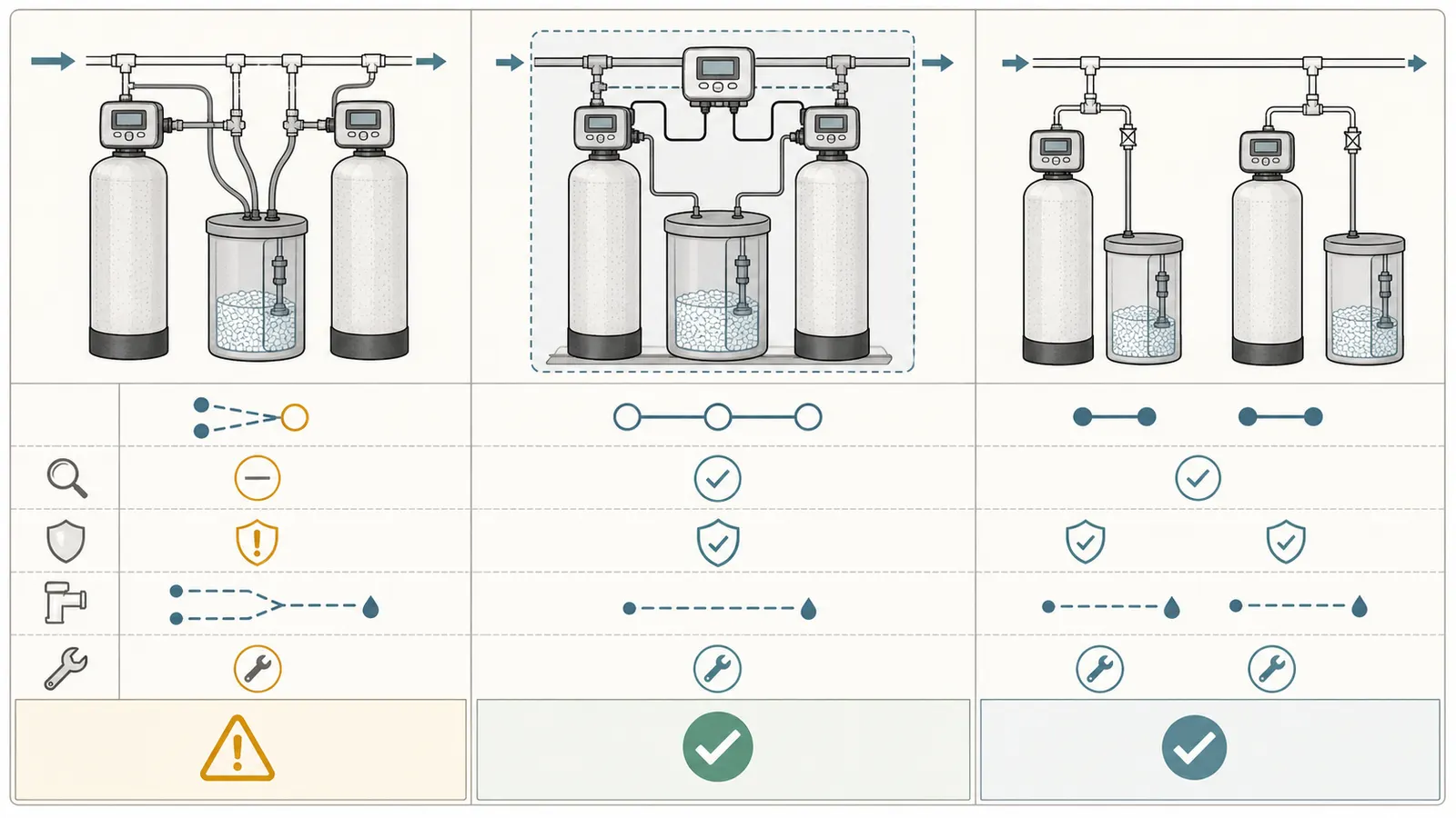 Comparison of shared brine tank, purpose-built twin system, and two independent brine tanks.