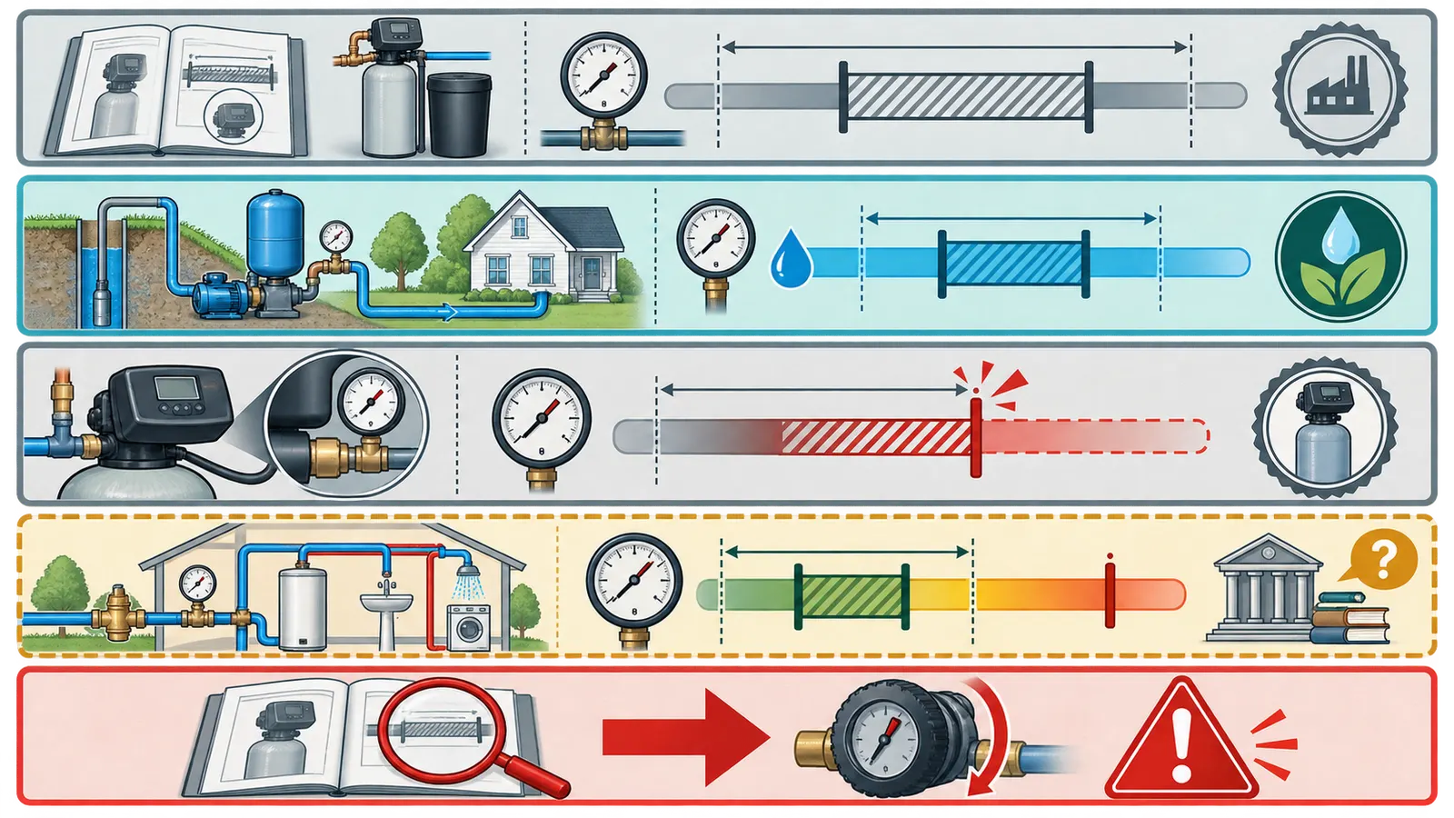 Comparison of exact softener manual limits, minimum regeneration pressure, and whole-house pressure guidance
