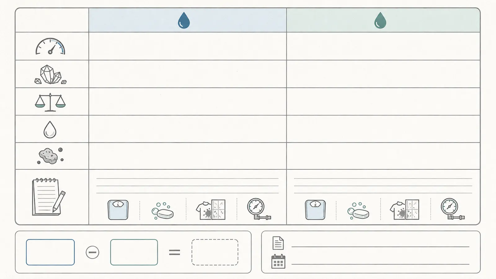 Worksheet layout comparing raw and post-neutralizer pH, hardness, alkalinity, and symptoms