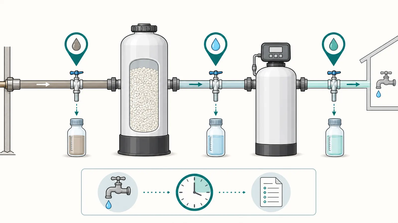 Sampling path from raw well water through the neutralizer before a softener