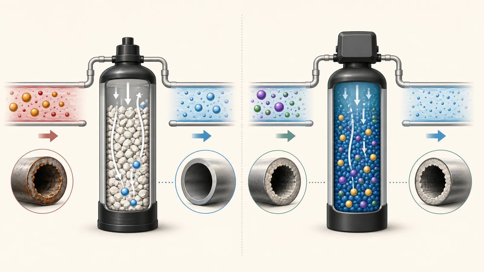 Side-by-side comparison showing a calcite neutralizer raising pH and a softener reducing hardness