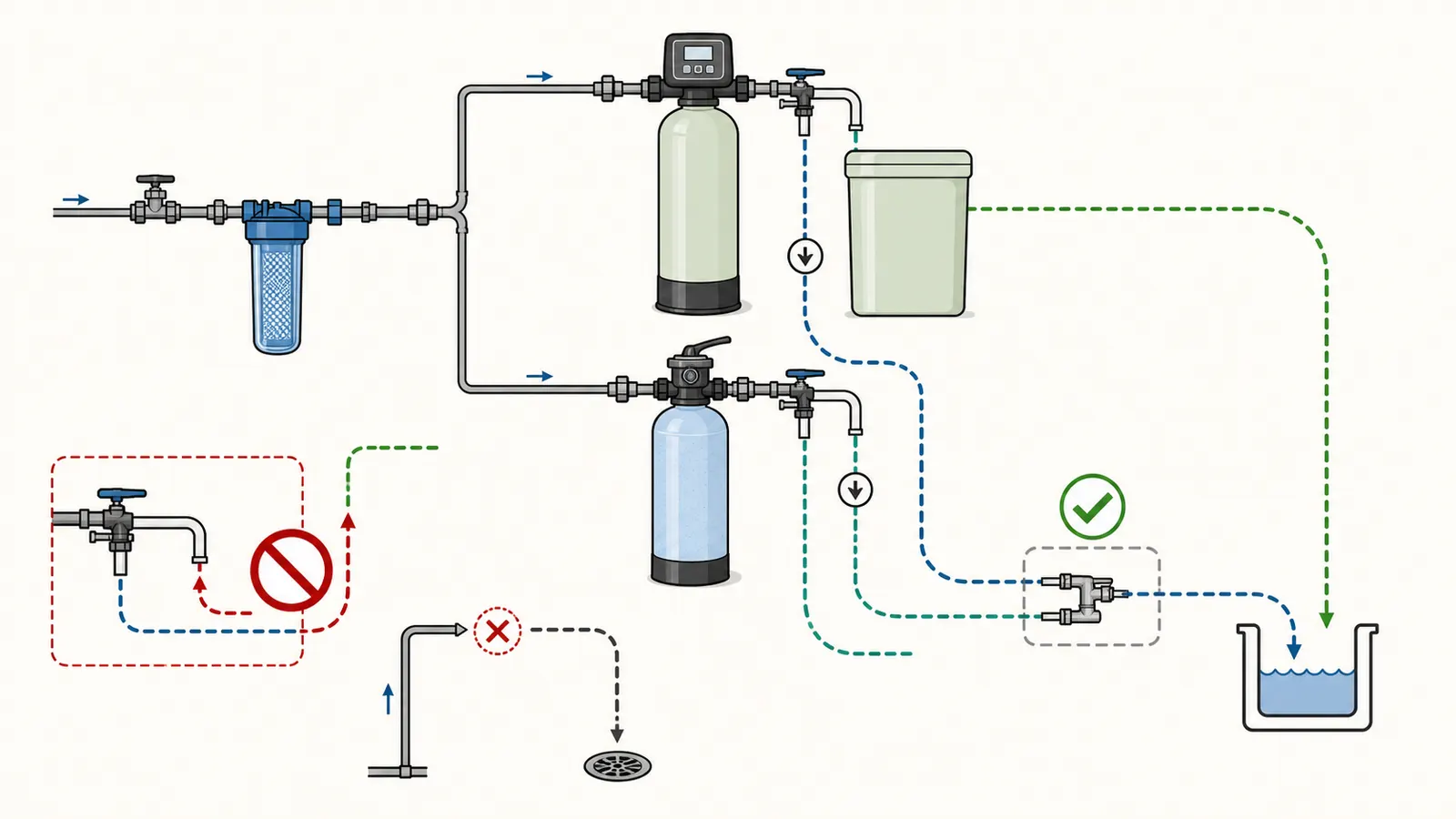 Separate drain routing for a softener, brine overflow, and companion backwashing filter