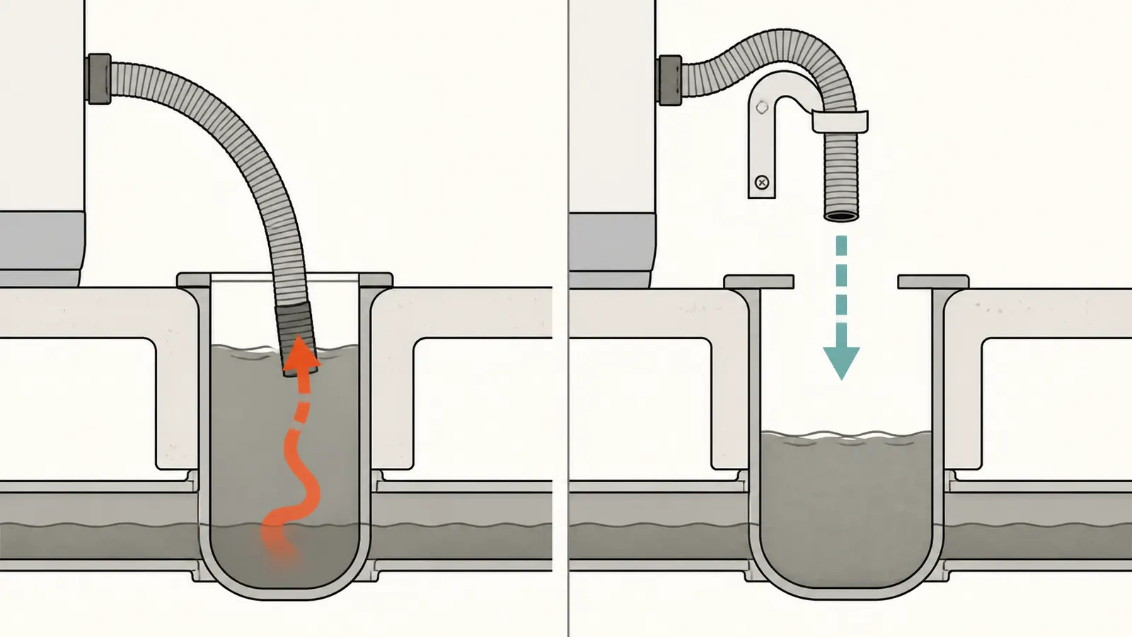 Side-by-side diagram of a prohibited submerged hose and a protected air-gap discharge