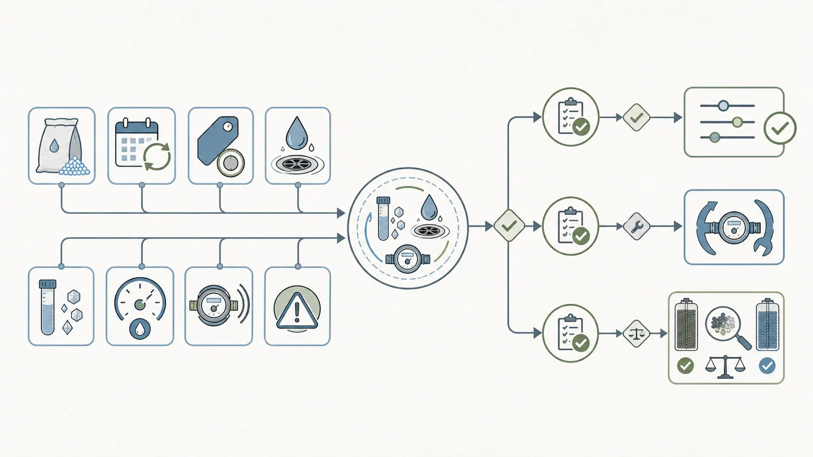 Flow from logged regeneration frequency and salt and water rates to reprogram, repair, investigate, or replace decisions