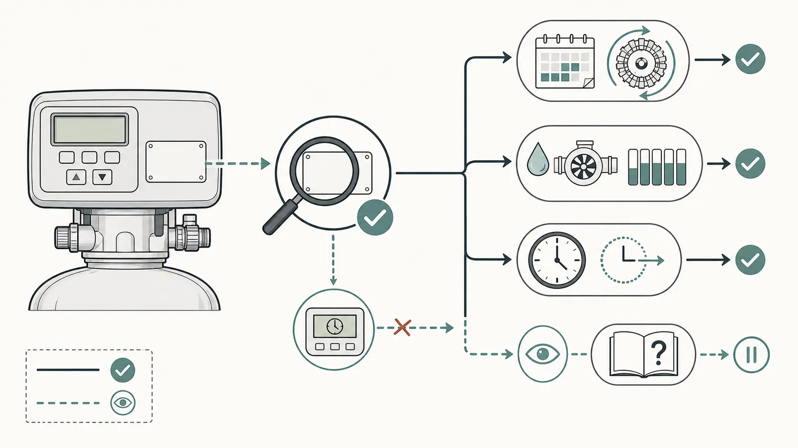 Decision map separating time-clock, metered, and unresolved softener controls by visible evidence and manual confirmation