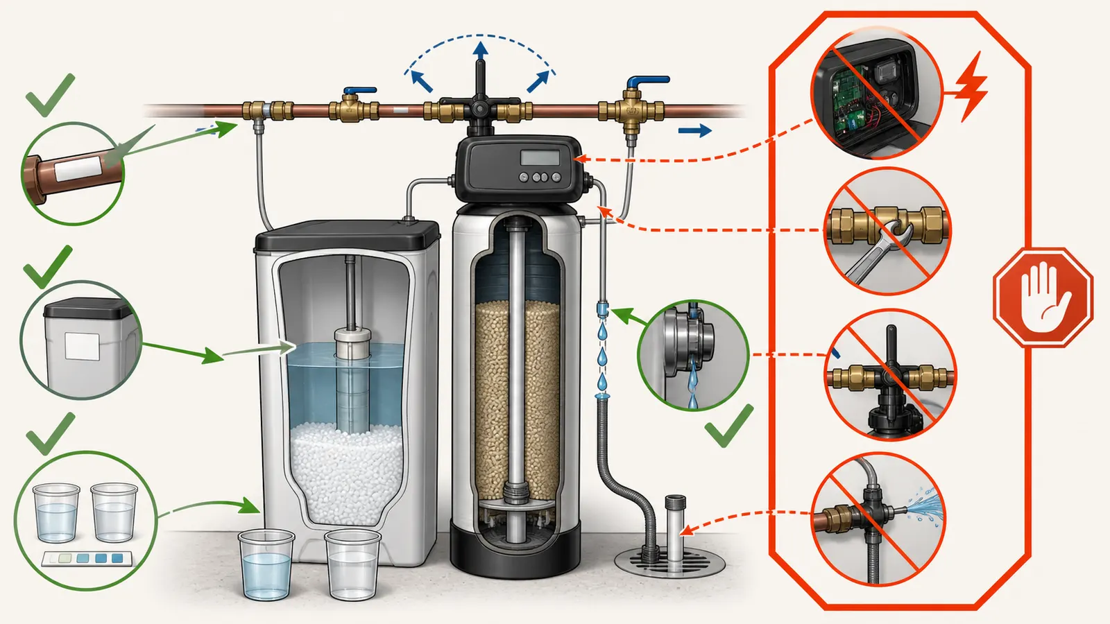 Safe observation points and professional-only boundary around a pressurized softener