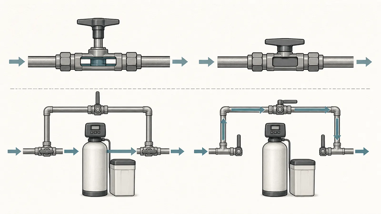 Service and bypass states for single and three-valve softener plumbing