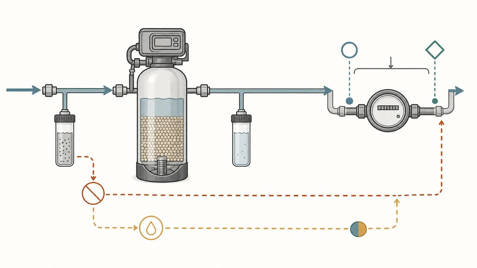 Water path diagram showing raw sample upstream, treated sample downstream, meter reading, and breakthrough endpoint.