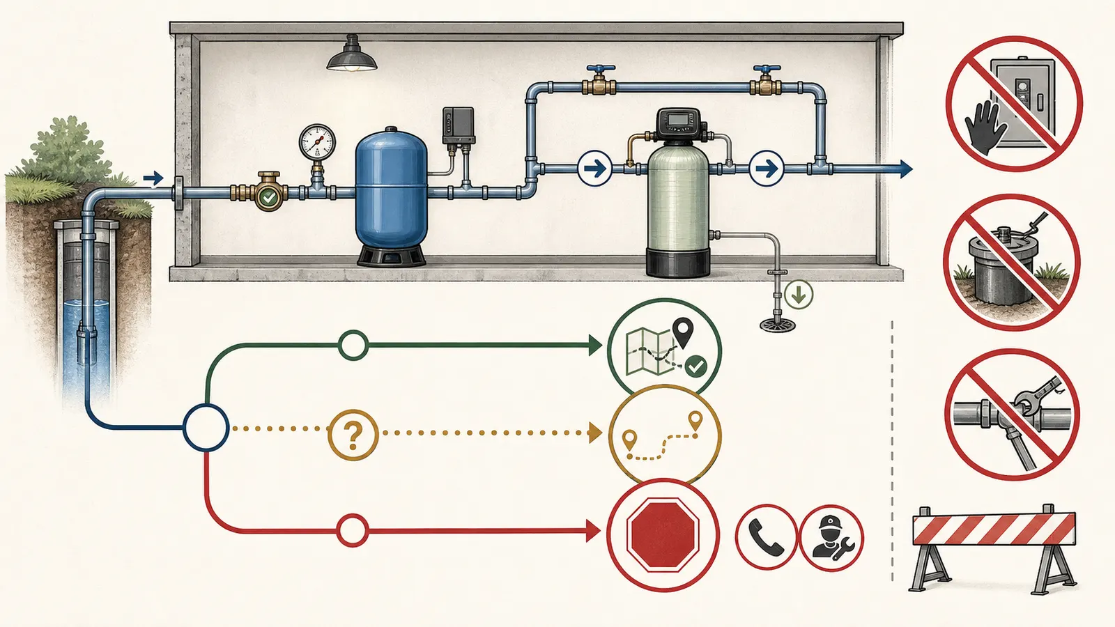 Homeowner decision map for tracing pump, controls, tank, treatment, bypass, and drain without opening equipment