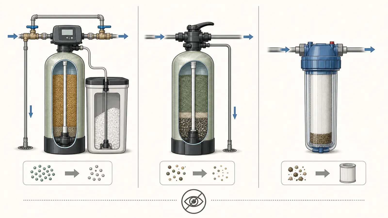 Comparison of a salt-regenerating softener, a backwashing filter, and a coarse sediment separator