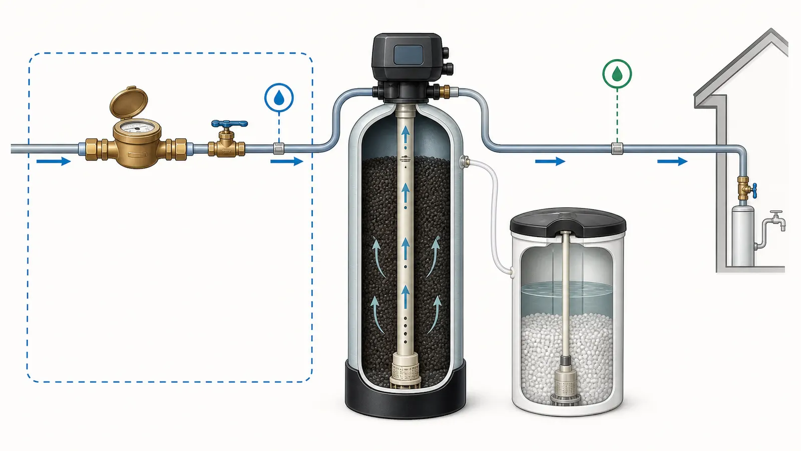 A cation-exchange softener showing the raw-water sample, treated-water sample, meter, and brine tank boundary.