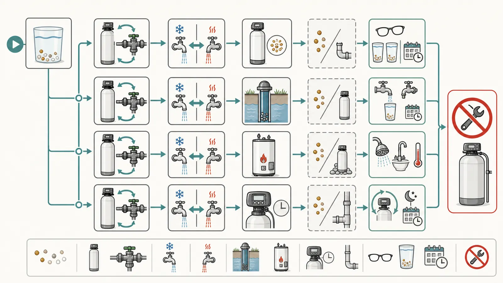 Decision map branching from gold or sandy particles to softener, well, pipe, or water-heater evidence