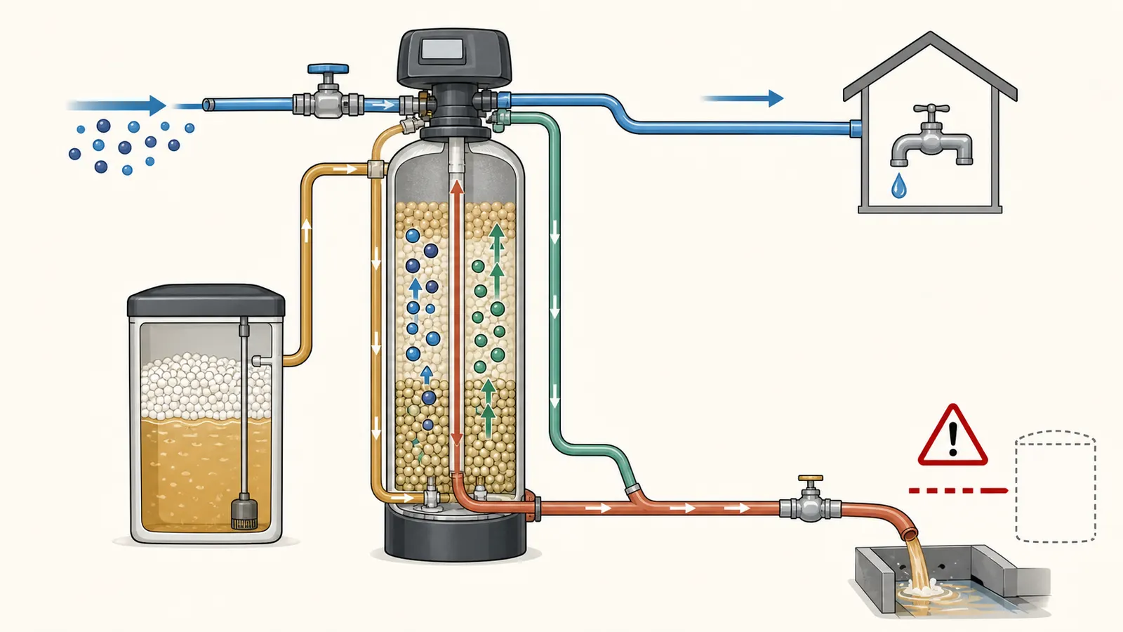 Water softener diagram separating valve drain flow, brine overflow, and unrelated room leaks