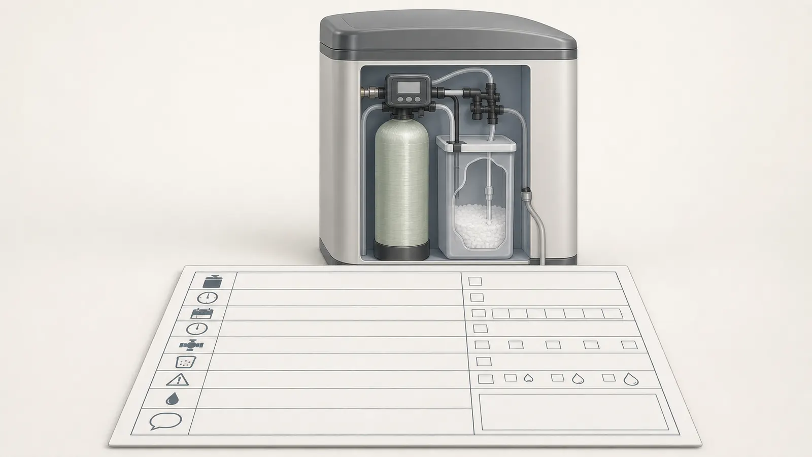 Service handoff packet beside a closed softener with model and evidence fields