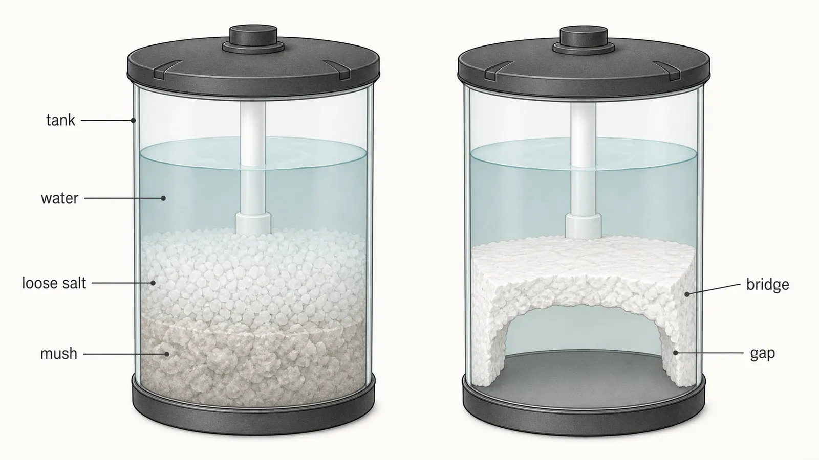 Cutaway comparison of bottom salt mushing and a hard salt bridge above water