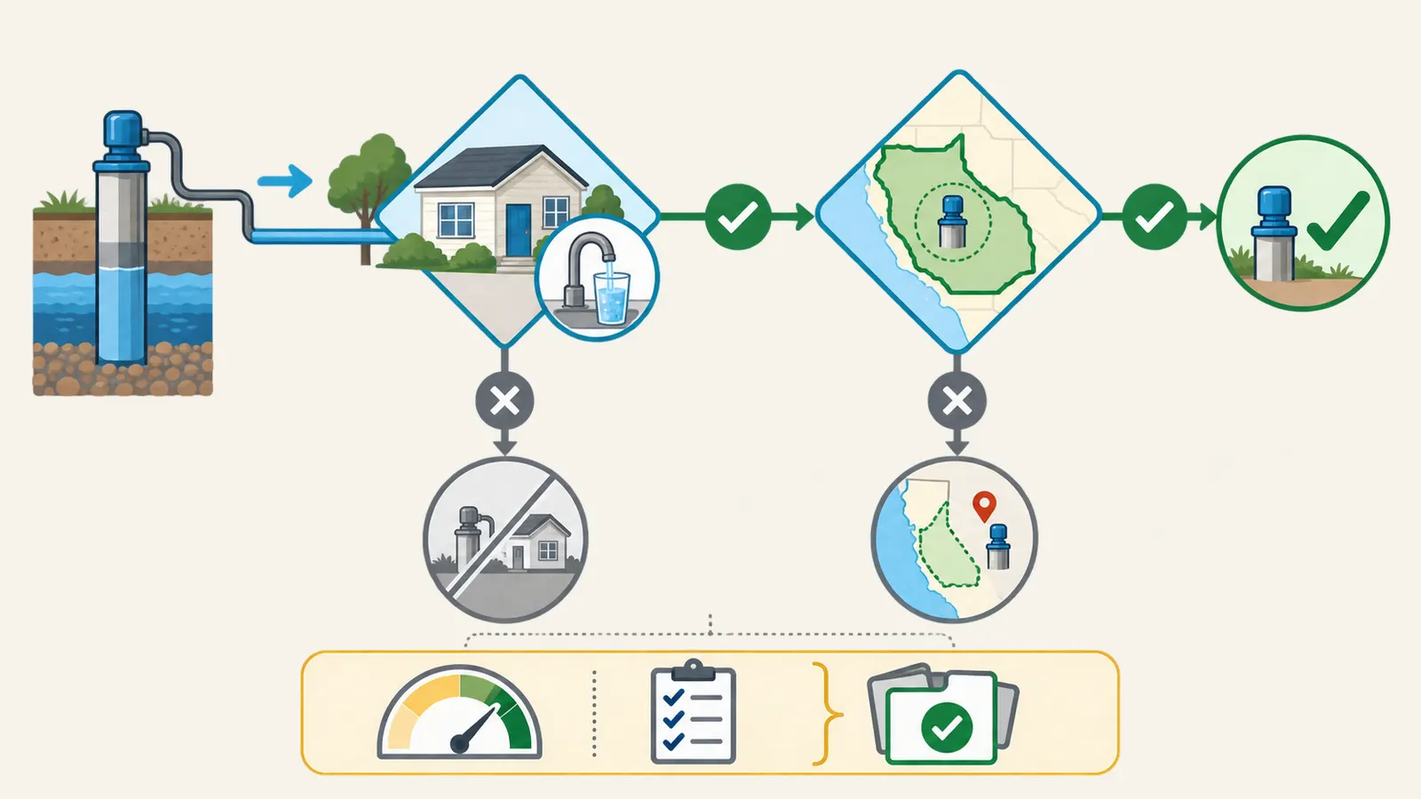 Two-gate flow checking whether a California well serves a rental and sits inside a qualifying program boundary