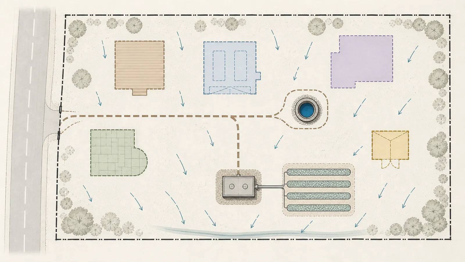 Site plan showing a private well, proposed garage footprint, septic area, property line, and access path