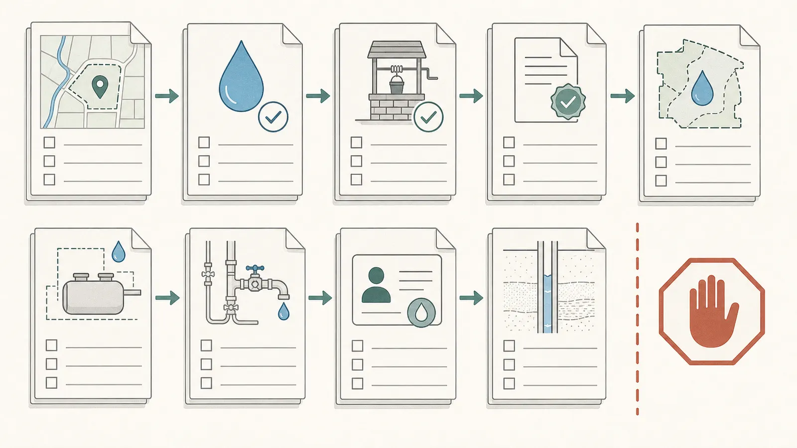 Pre-drilling document stack with written local answers, permits, notices, site plan, and completion records