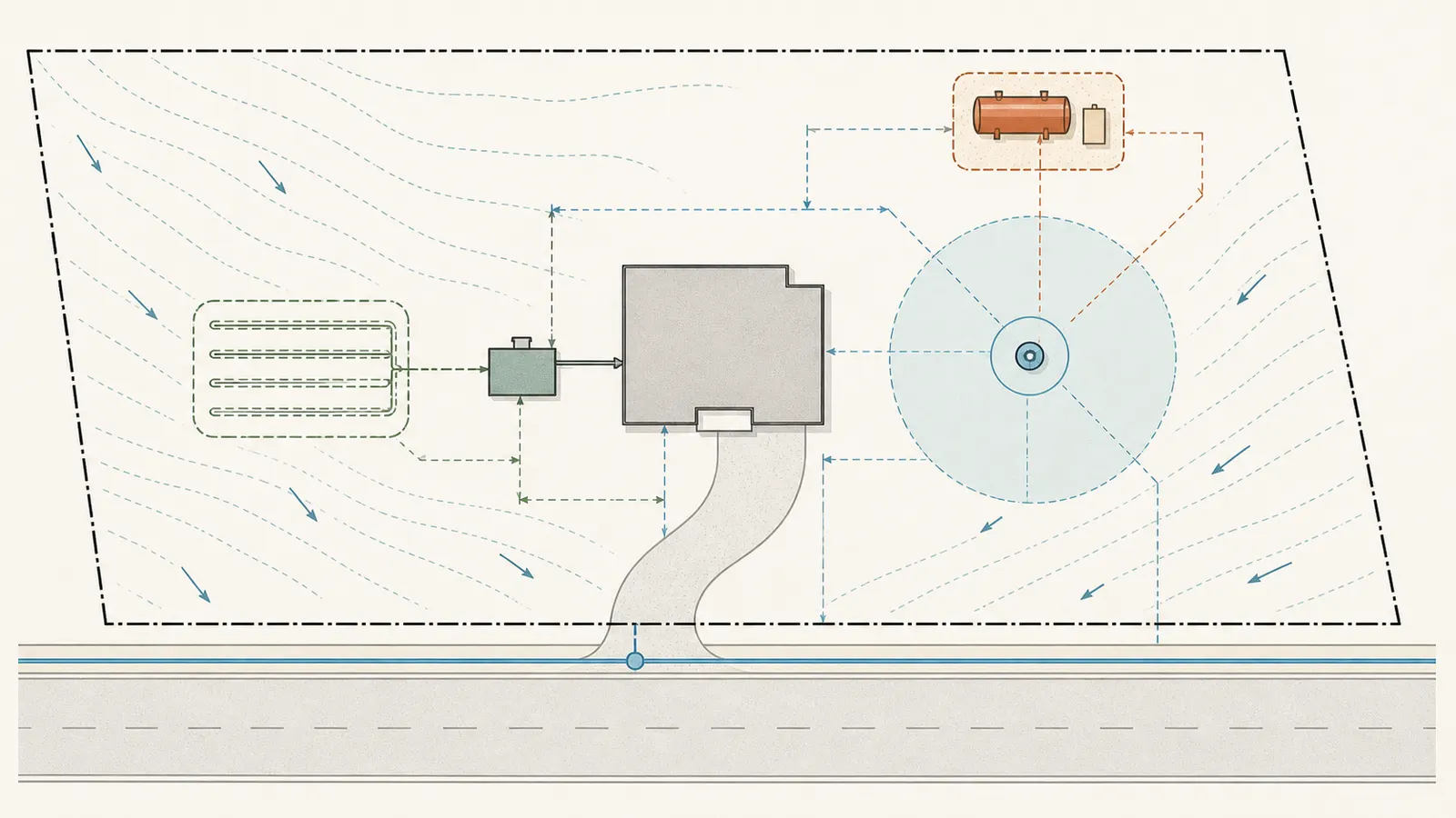 Parcel site plan showing proposed well, septic components, fuel storage, property lines, and public main
