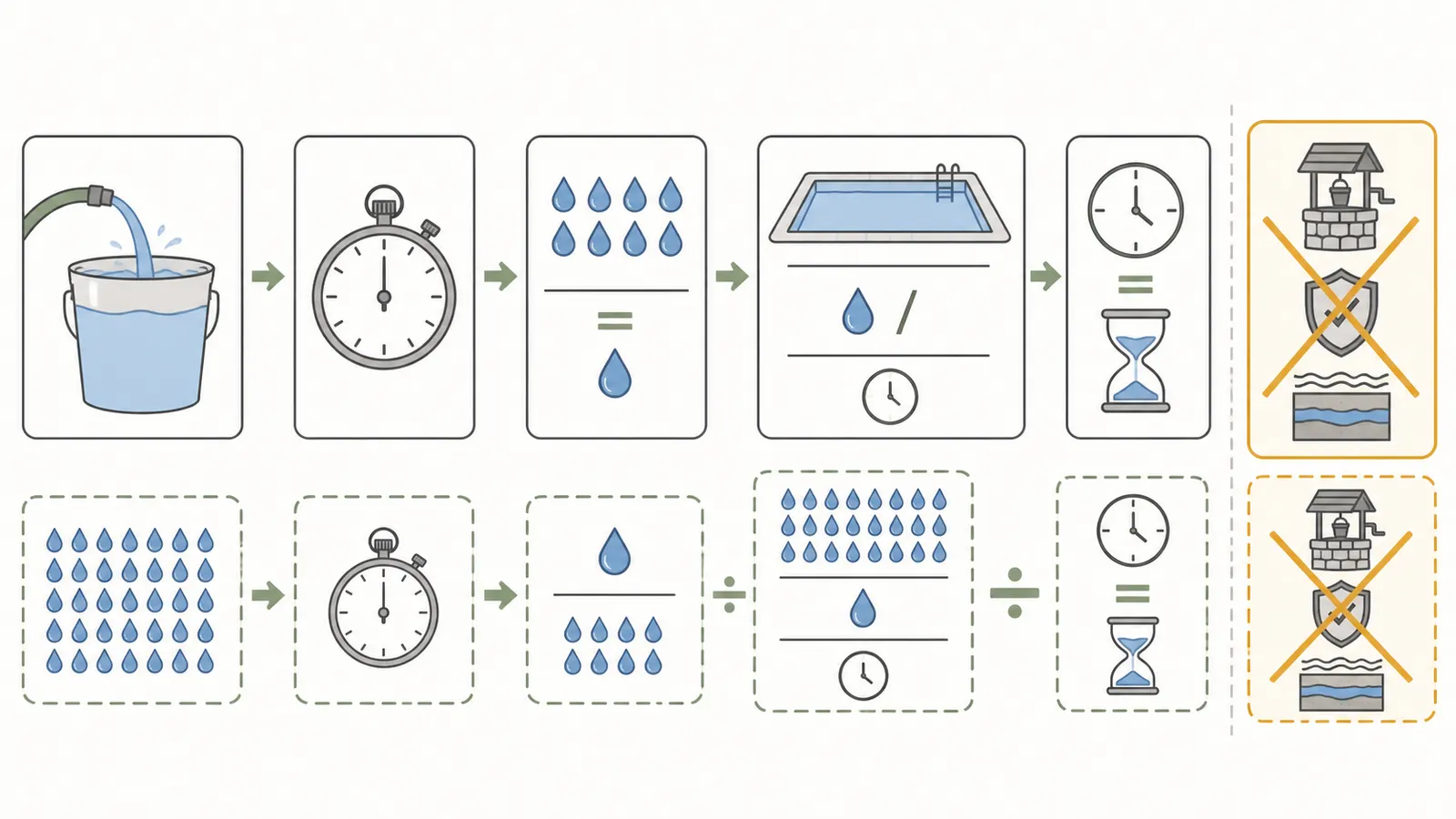 Worksheet diagram for measuring hose flow and converting pool gallons into estimated pump runtime.