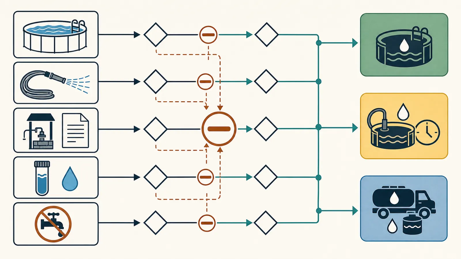 Decision map connecting pool volume, delivery rate, well capacity, water quality, and local rules to a fill method.