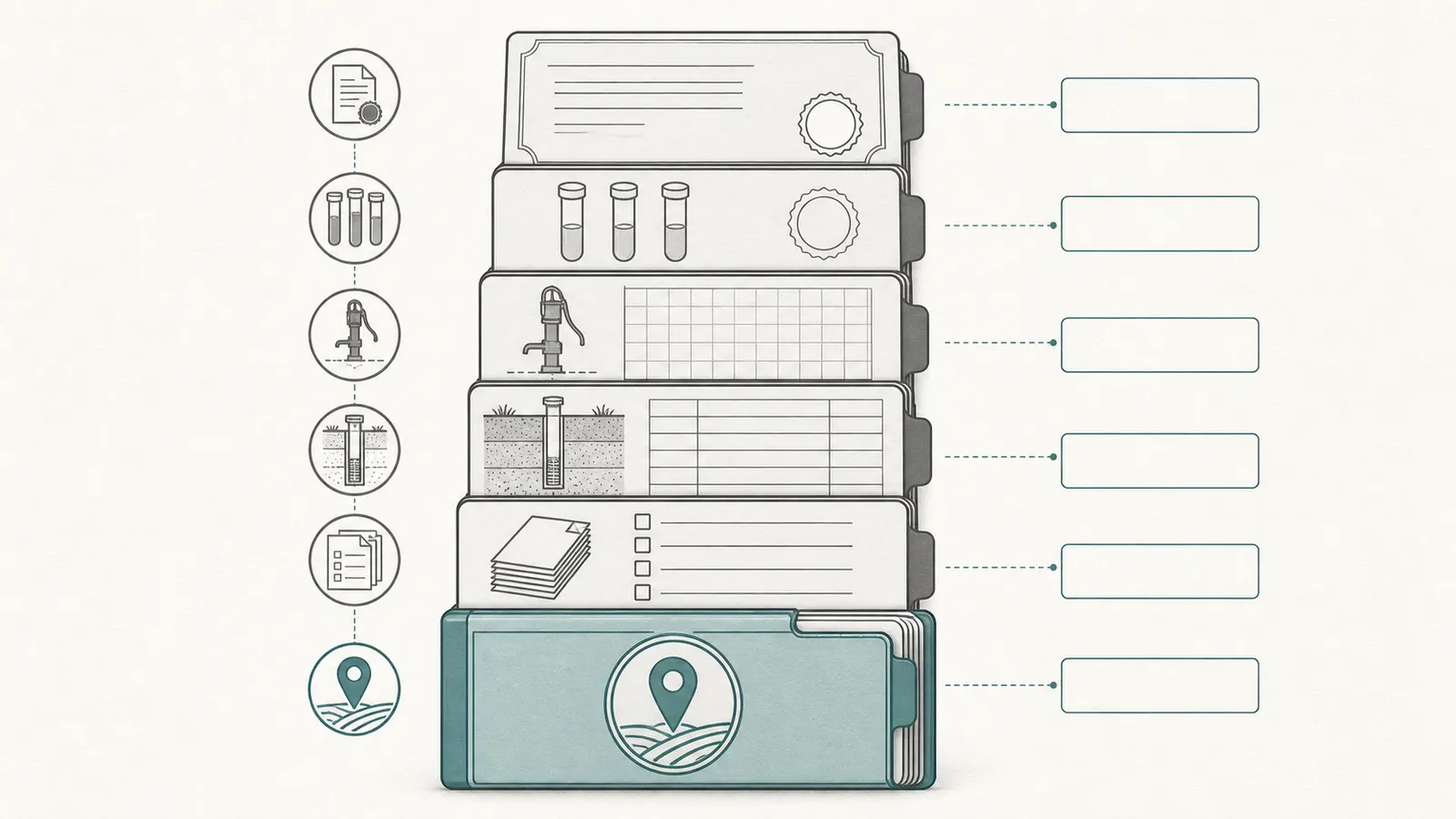 Evidence stack for a local ADU well review with rule, forms, well log, test, and covenant