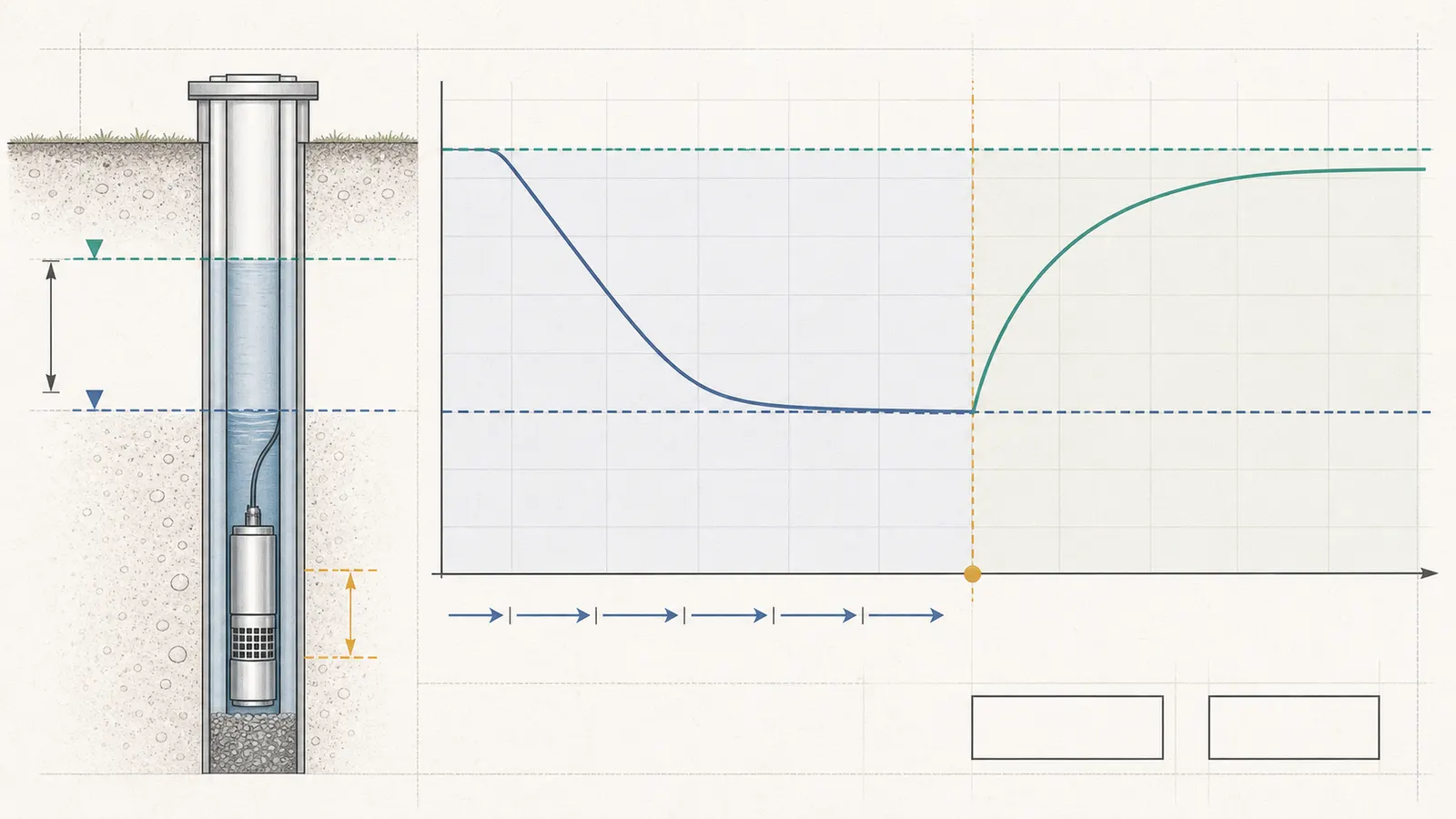 Pump-test chart with static level, drawdown, pumping rate, and recovery curve