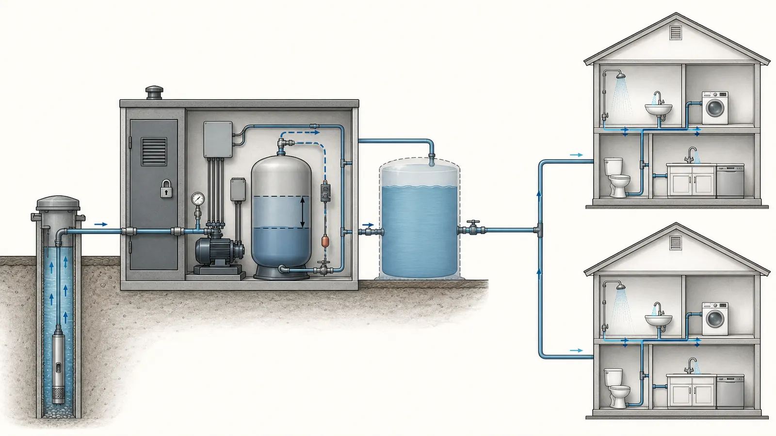 Cutaway of a well, pump, pressure tank, intermediate storage tank, and two homes