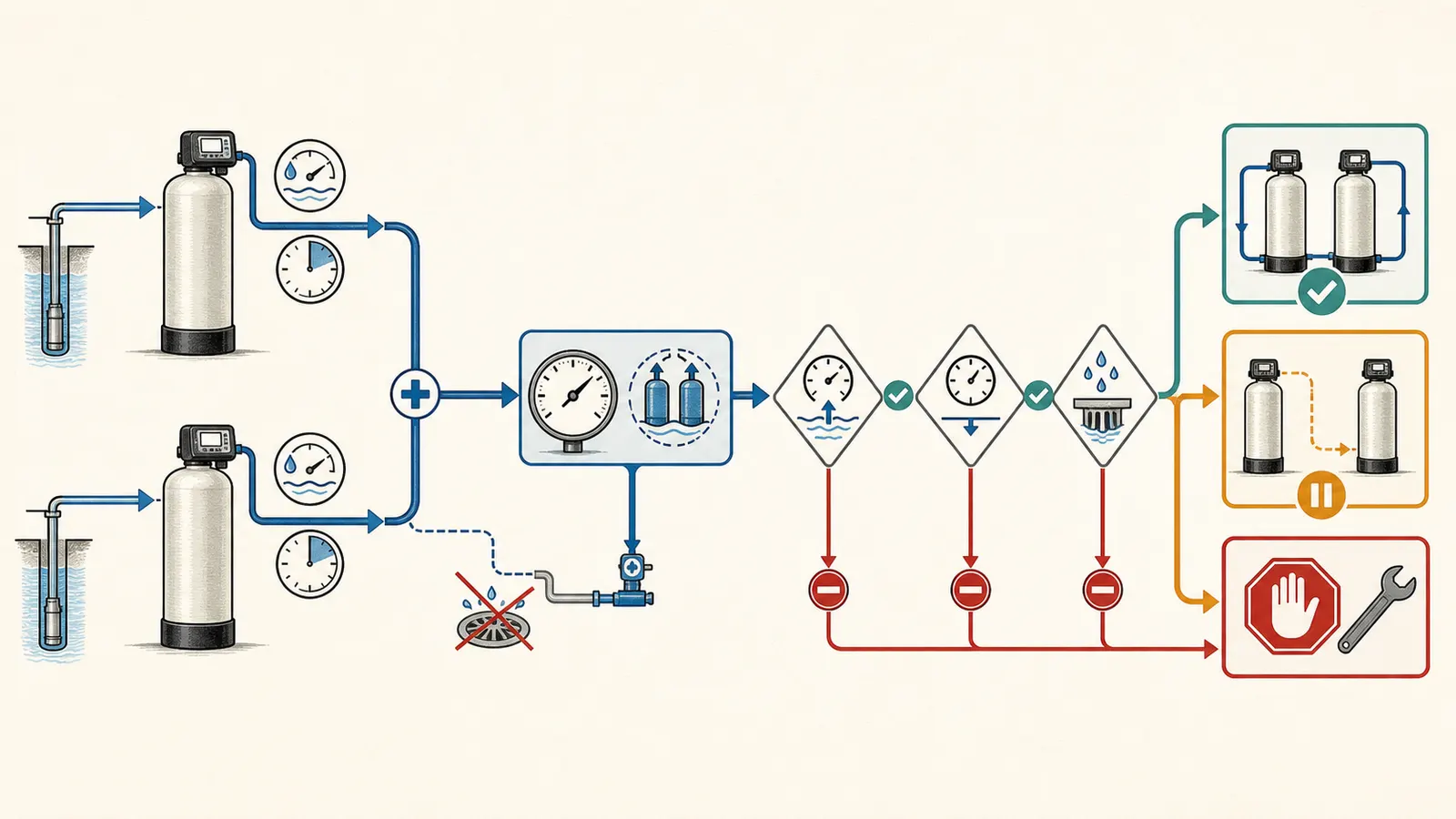 Decision map from occasional grit to lab testing or qualified well and pump evaluation
