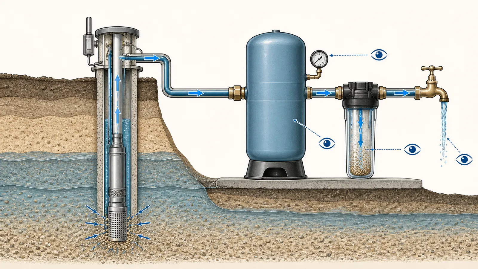 Cutaway path from aquifer and well screen through pump, pressure tank, filter, and faucet