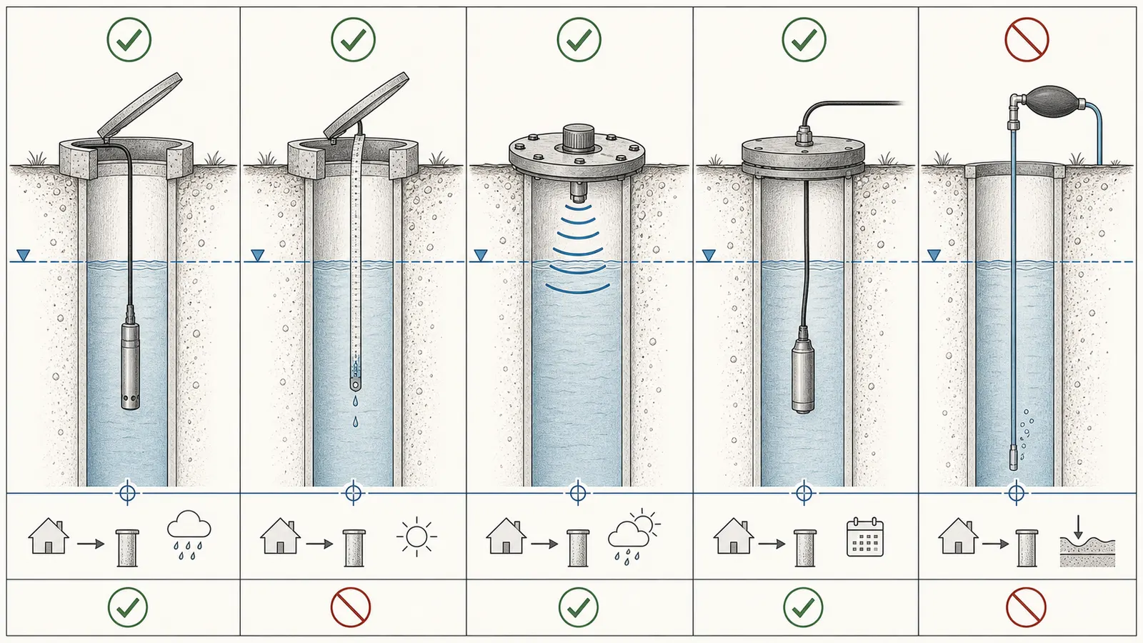 Comparison of an electric sounder, wetted tape, sonar port, pressure transducer, and contractor air-line method