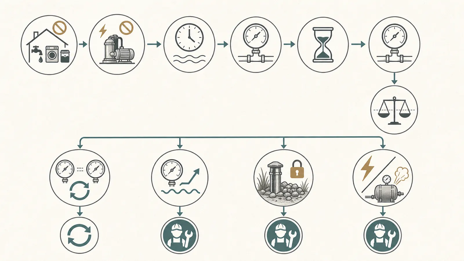Decision map from pump-off recovery through first reading, repeat reading, stable baseline, or stop-and-call