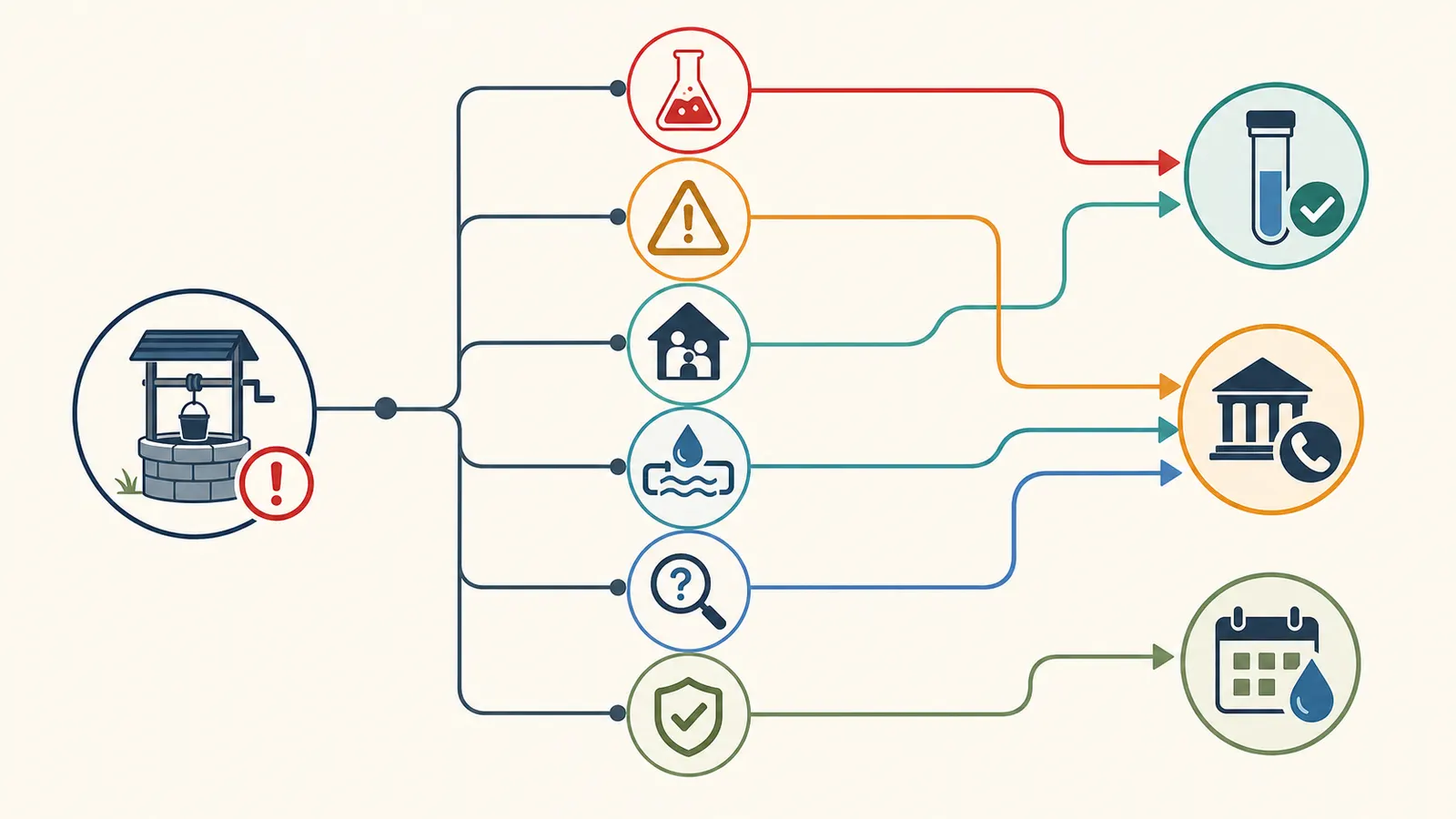 Decision map routing a homeowner from a neighbor's positive well result to test now, call first, or baseline testing.