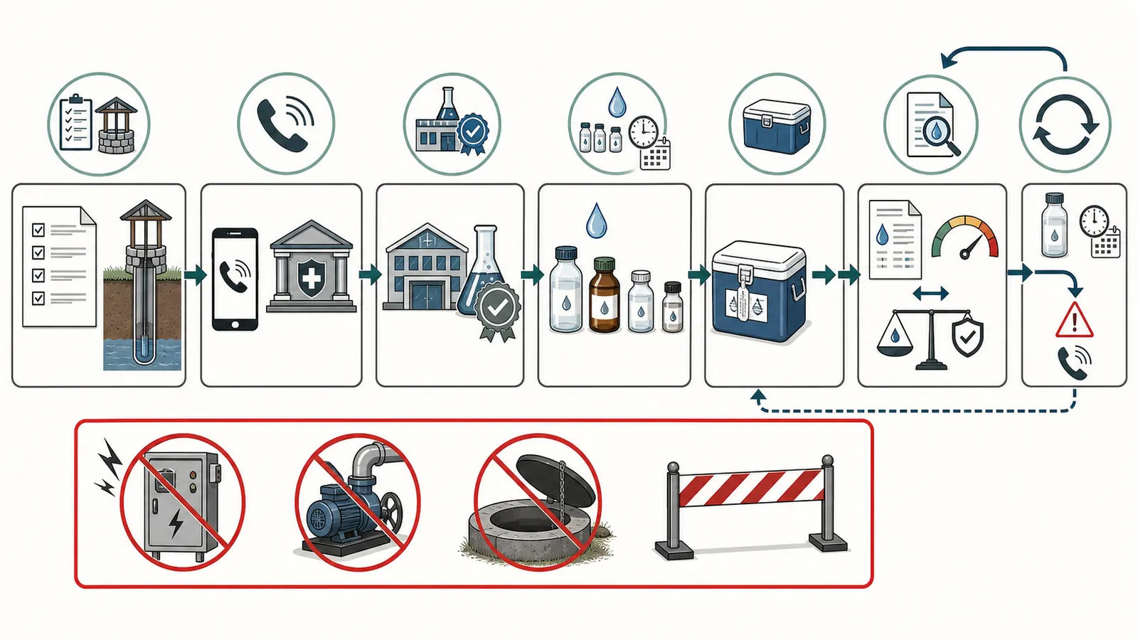 Sample workflow from verified lab instructions through chain of custody, result review, retest, and professional escalation.