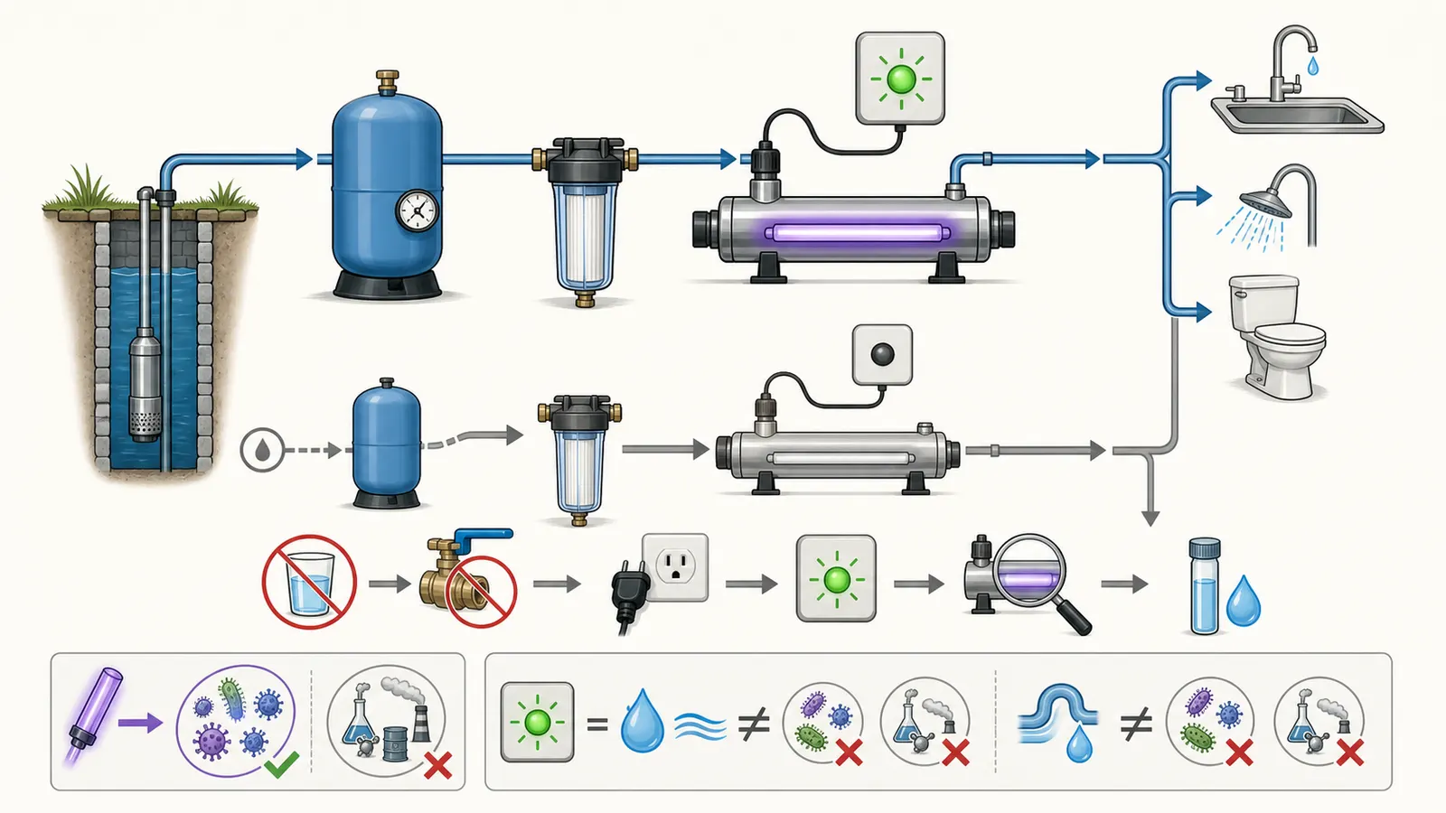 Water path showing a whole-home UV treatment unit, prefilter, power interruption, bypass risk, and verification steps