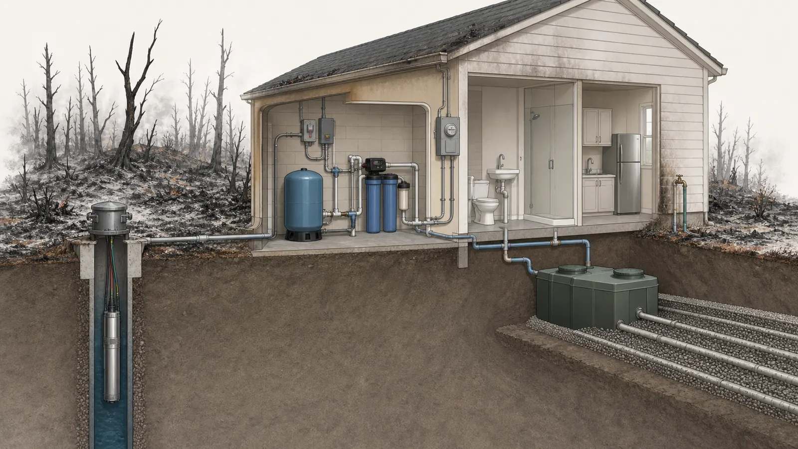 Cutaway view labeling the wellhead, cap, wiring, pump, plastic piping, pressure tank, treatment equipment, and septic area.