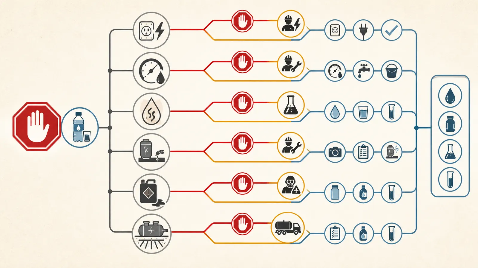 Decision map separating lost pressure, steady pressure, visible damage, and chemical or septic risk after a wildfire.