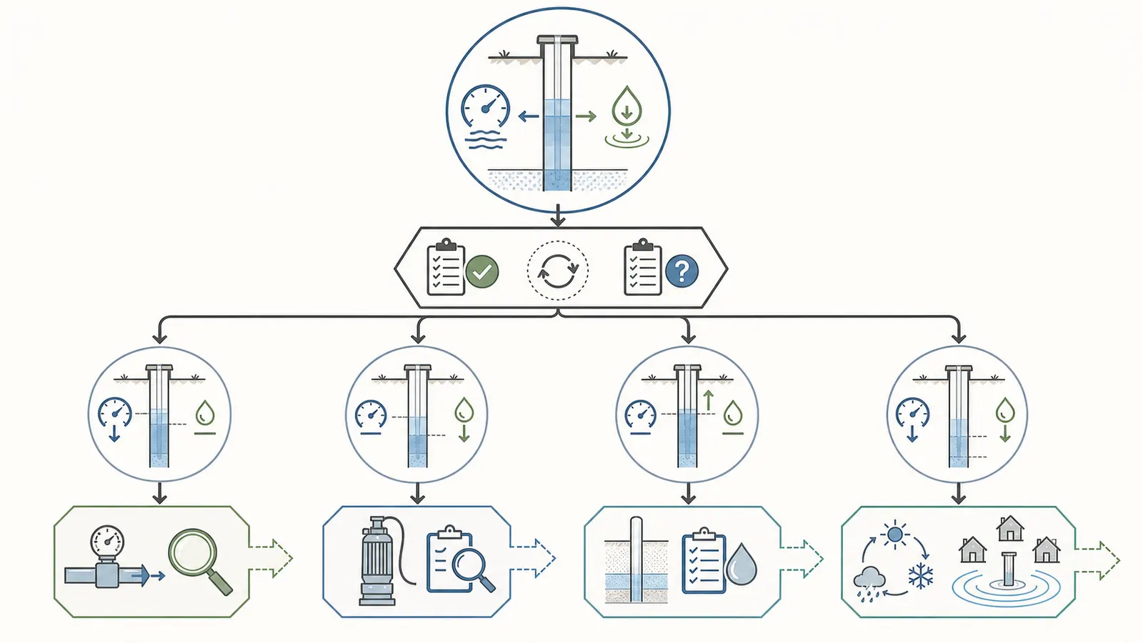 Decision map routing a changed well result toward retest, pump inspection, or well evaluation
