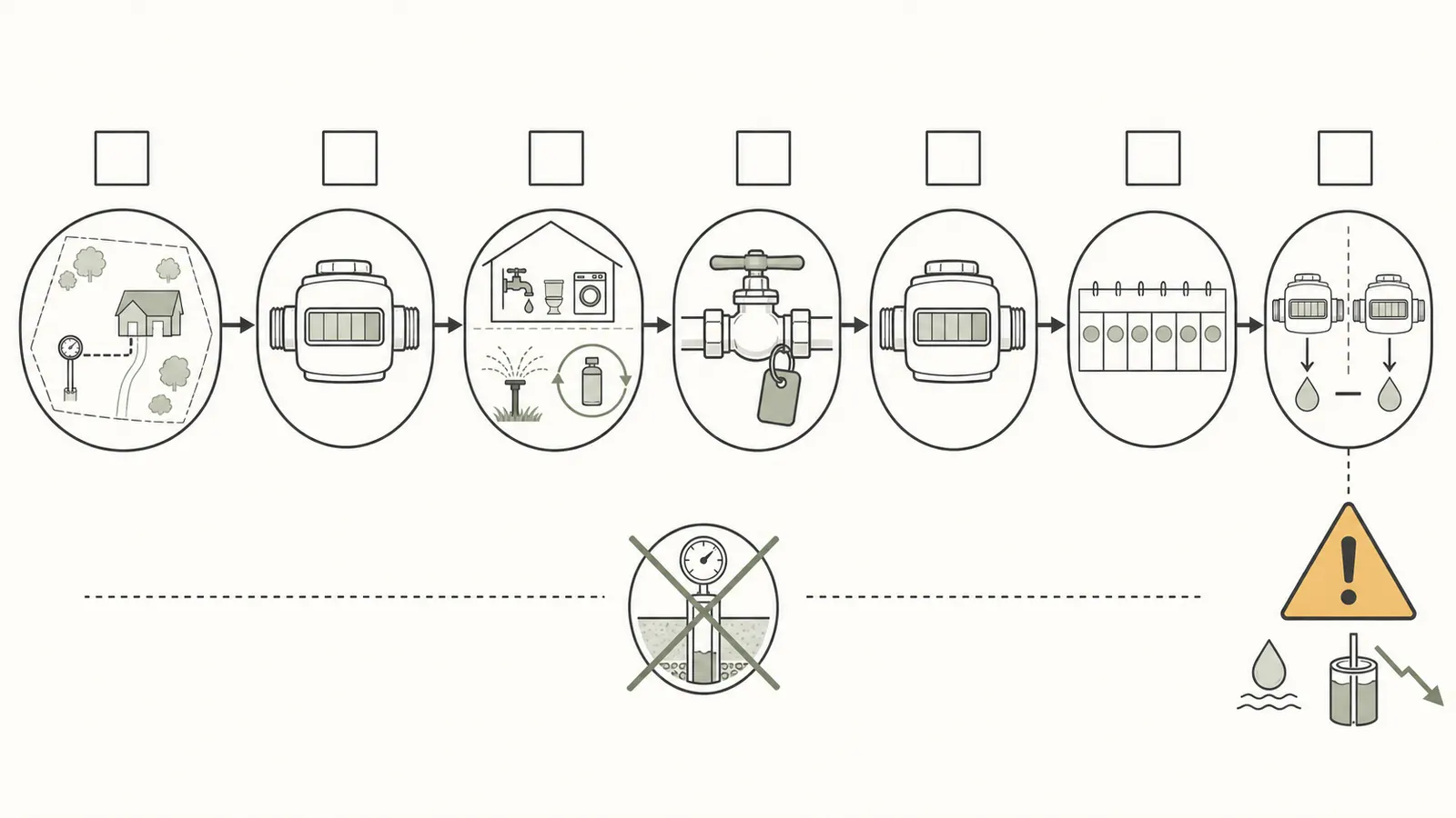 Seven-day water-use baseline workflow with start reading, known uses, no-use check, and escalation trigger.