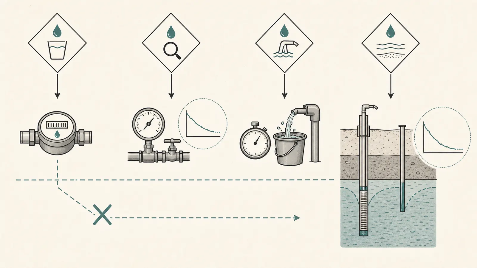 Decision map routing a homeowner from the question they have to a bucket test, totalizer, clamp-on meter, or yield test.