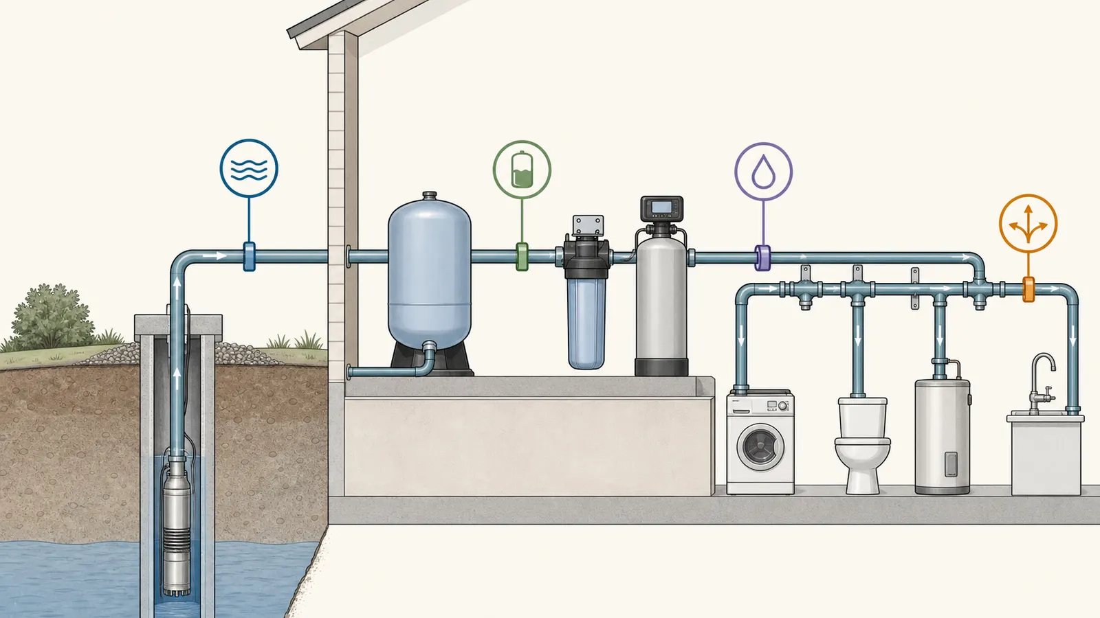 Private-well piping diagram showing the pump, pressure tank, treatment equipment, and measurement boundaries.