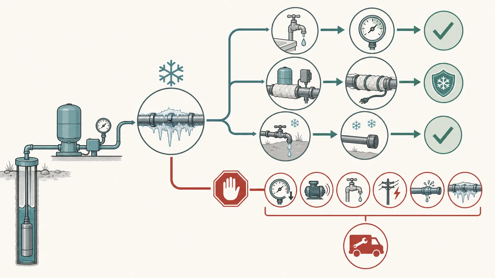 Decision map choosing drip, insulate, drain, or stop for a private-well freeze